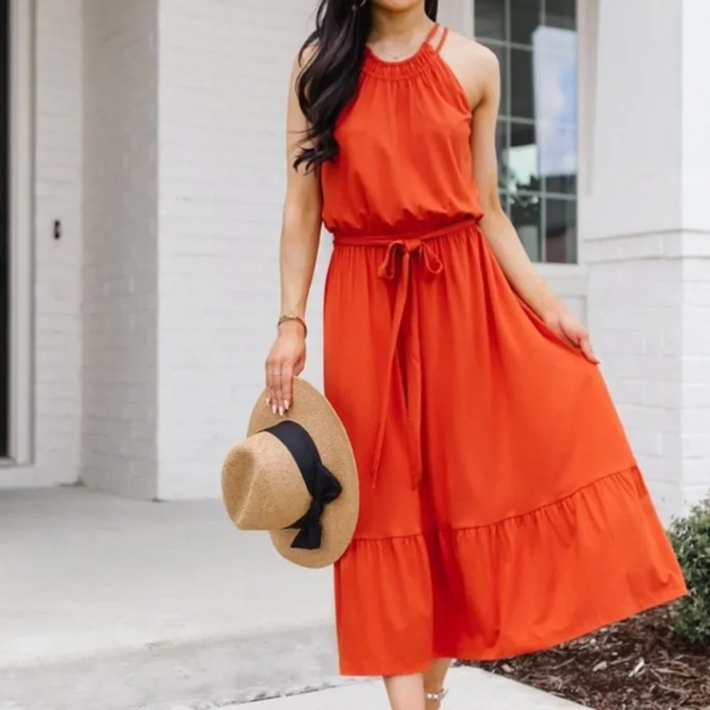 LOFT Burnt Orange Halter Midi Dress - Picture 1 of 9
